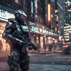 Future Soldier guarding the streets of present day London. Composite.