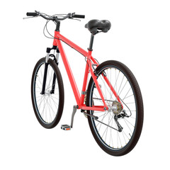 Red bicycle, side back view. Black leather saddle and handles. Png clipart isolated on transparent background