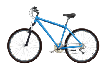 Blue bicycle, side view. Black leather saddle and handles. Png clipart isolated on transparent background