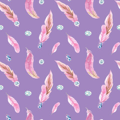 Watercolor Seamless Pattern with Pink Feathers and Jewelry Crystals or Beads on violet, purple or lila background. Hand drawn watercolor illustration. Can be used for fabric, textile and packaging