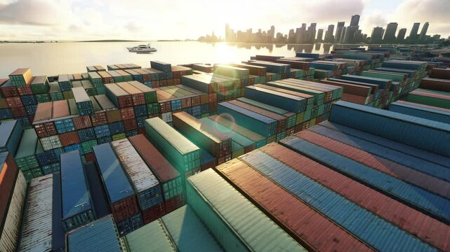 Drone view of Miami port showing containers, the ocean and the city's skyline at sunset. Booming economy of Florida.