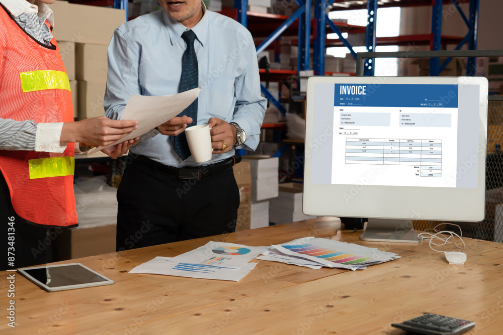 Poster invoice on computer screen from accounting application. computer program for financial and budget of