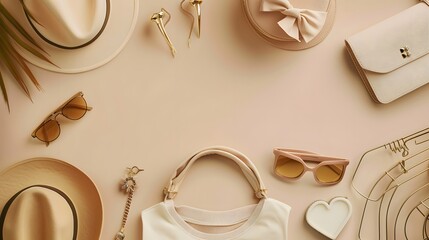 Fashion women stylish accessories outfit glamour set on flat lay beige pastel vertical background table with copy mock up space, female clothing shopping sale concept, top view overhead close up.  © Farid
