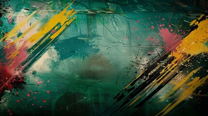 Abstract grunge-style background with vibrant brushstrokes of yellow, pink, and black splashed across a dark green surface, creating a chaotic and artistic visual. Concept of creativity, expression, a