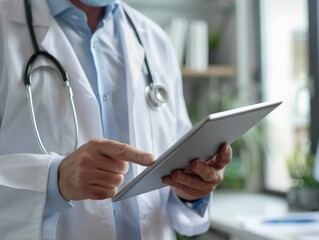 A doctor is using a tablet to look at a patient's medical records. The tablet is placed on a desk in front of the doctor