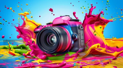 Bright professional digital camera in bright paint splatter on blue background