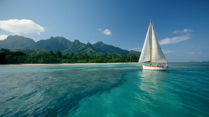 Sailboat on clear turquoise water near lush tropical island with mountain backdrop. Aerial view