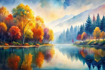 Naklejka premium Golden autumn reflections on a misty morning lake