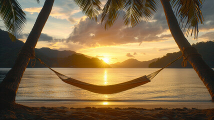 Tranquil hammock between palm trees on beach rivers edge, gently swaying in the breeze