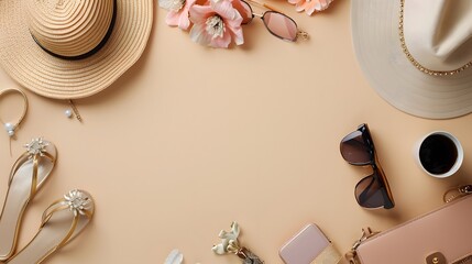 Fashion women stylish accessories outfit glamour set on flat lay beige pastel vertical background table with copy mock up space, female clothing shopping sale concept, top view overhead close up.  © Farid