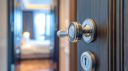 A digital door handle or electronic knob for room security.

