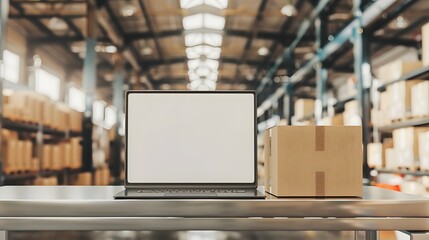 Online ecommerce store mockup, dropshipping business website concept. Table with laptop computer mock up blank white screen and shipping boxes, retail marketplace, warehouse delivery background. 