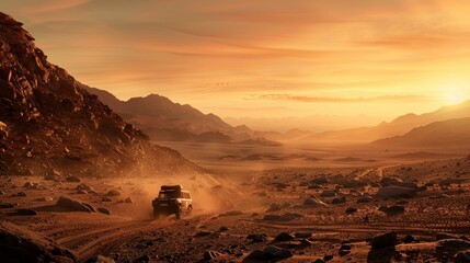 Naklejka premium Depiction of extreme adventures or a science expedition in a stone desert.