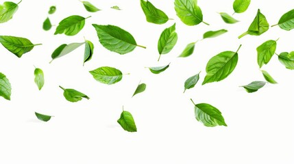 Green leaves in mid-air, isolated on a white background.


