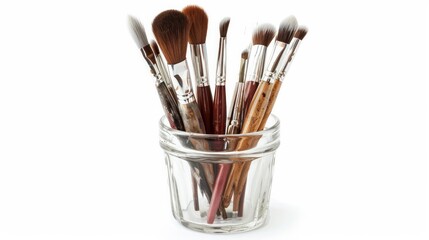 Painting brushes placed in a glass cup, isolated against a white background.


