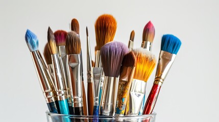 Fototapeta premium Painting brushes placed in a glass cup, isolated against a white background.