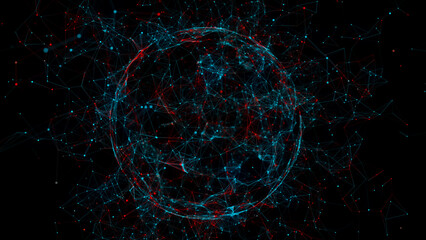 Abstract blue sphere on black background. Wireframe circle structure with glowing particles. Futuristic digital illustration. 3D rendering.