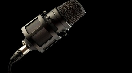 A professional studio microphone isolated on a black background, ideal for podcast recording.

