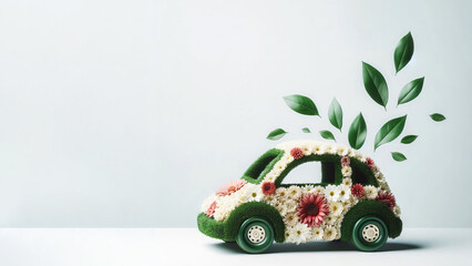 Miniature car decorated with flowers and leaves on white background with copy space