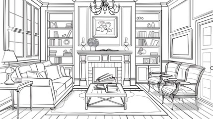furniture, outline, sketch, illustration, indoor, room, modern, design, interior, home, apartment, vector, house, drawing, line, style, table, living, white, architecture, graphic, sofa, decor, art, b