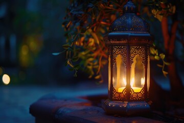A lantern with a candle inside is lit up in the dark. The lantern is sitting on a brick wall