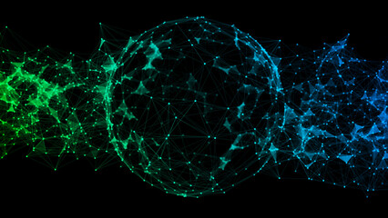 Abstract blue sphere on black background. Wireframe circle structure with glowing particles and lines. Futuristic digital illustration. 3D rendering.