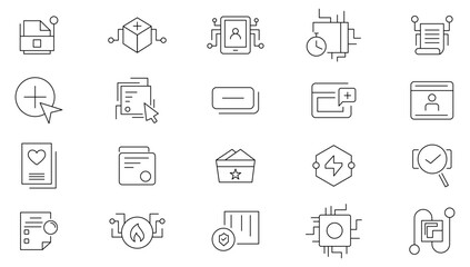 Digitalisation linear icon set. Digital technology, cloud computing, coding, chip, vr glasses, innovation, network, artificial intelligence outline icon collection. UI thin outline icons pack.