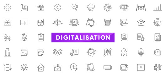 Digitalisation linear icon set. Digital technology, cloud computing, coding, chip, vr glasses, innovation, network, artificial intelligence outline icon collection. UI thin outline icons pack.