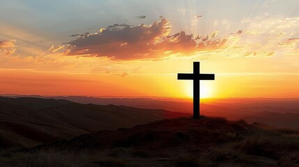 Silhouette of a cross on the background of a bright sunset