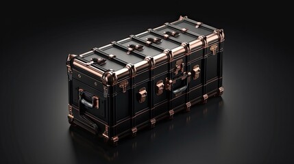 A black and tan carry-on suitcase with gold hardware sits on a gray background, the retractable handle extended