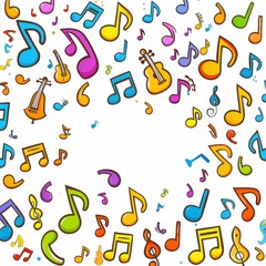 Colorful Musical Notes and Instruments in a Spiral Pattern with White Background, Perfect for Music-Themed Art and Designs