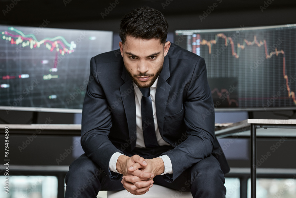 Poster thinking, computer screen and business man with charts for investment idea, solution or stock market