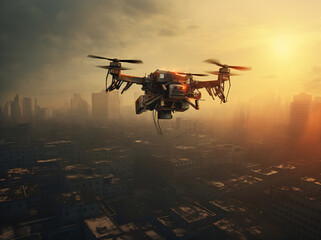 Naklejka premium Drone Over Dystopian Cityscape at Sunset