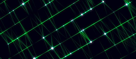 Abstract grid with green light on black background. Science background with moving dots and lines. Network connection technology. Digital structure with particles. 3d rendering.