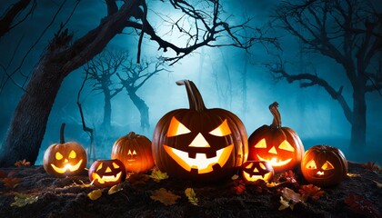 Halloween pumpkins in the forest at night.Halloween background with Evil Pumpkin , generated by AI. High quality photo