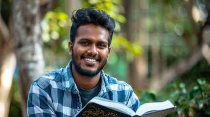 Fototapeta premium indian handsome man smiling Holding a book open in both hands