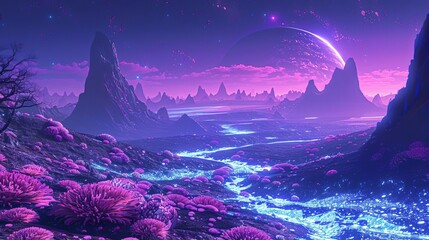Fototapeta premium Futuristic Alien Landscape with Purple Sky and Otherworldly Terrain