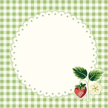 Cottage Core Garden Strawberry and Gingham Vector Frame. Vintage Invitation Design With Nostalgic Retro Design. Fresh Summer Fruit Background