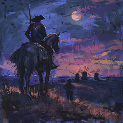 Don Quixote and Sancho Panza gaze at distant windmills, mistaking them for giants. This iconic scene from Cervantes' novel epitomizes the blend of fantasy and reality.