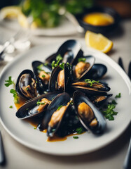 Traditional Spanish seafood paella, blurry background.