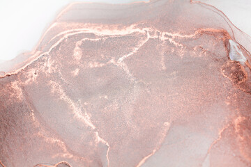 Fototapeta premium A close-up of an abstract painting, featuring swirls and veins of rose gold ink on a white background