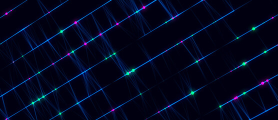 Abstract grid with blue light on black background. Science background with moving dots and lines. Network connection technology. Digital structure with particles. 3d rendering.