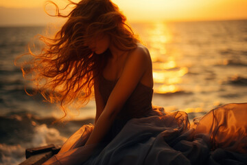 Fototapeta premium A woman savors the tranquility of a beach sunset, relishing the gentle warmth of the sun on her skin as she sits in front of the sand