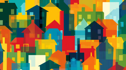 Silhouettes: Outline shapes of various types of houses, such as detached homes, townhouses, apartments, and condominiums, overlapped to symbolize diversity and options in housing.
