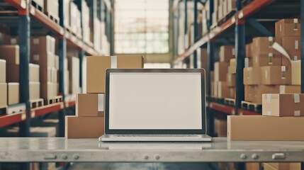 Online ecommerce store mockup, dropshipping business website concept. Table with laptop computer mock up blank white screen and shipping boxes, retail marketplace, warehouse delivery background. 