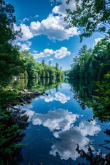 Serene Lakeside Landscape Viewed from an Oblique Angle Featuring Lush Greenery and Reflective Waters