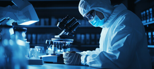 A scientist working with genetic material in a laboratory, with a focus on the microscope and test tubes