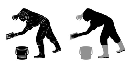 Male car wash worker with a washcloth in his hand cleans, black silhouette