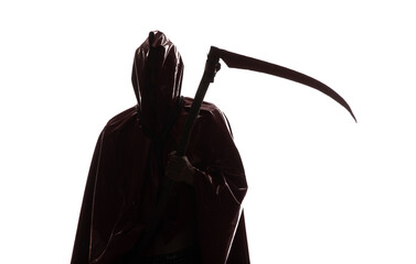 angel of death, silhouette of the grim reaper with a scythe in a hood on a white background
