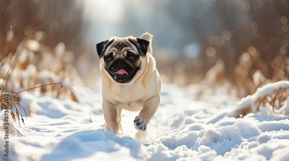 Wall mural a pug dog is running through the snow. the dog is small and fluffy, and it is enjoying the cold weat